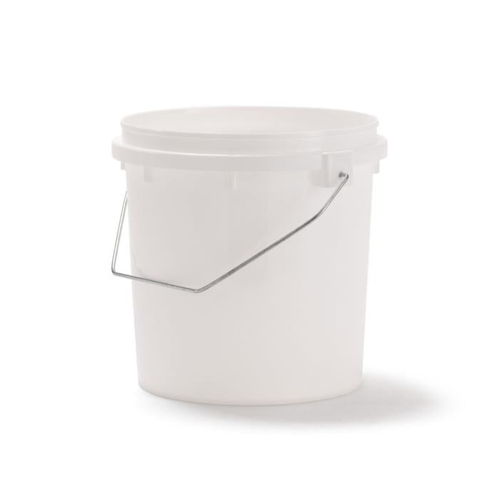 A 1 Gallon (128 oz.) BPA-Free 702 Pry-Off Container (T702128VLW) with lid and metal handle is shown on a white background. Sold as a case of 80.