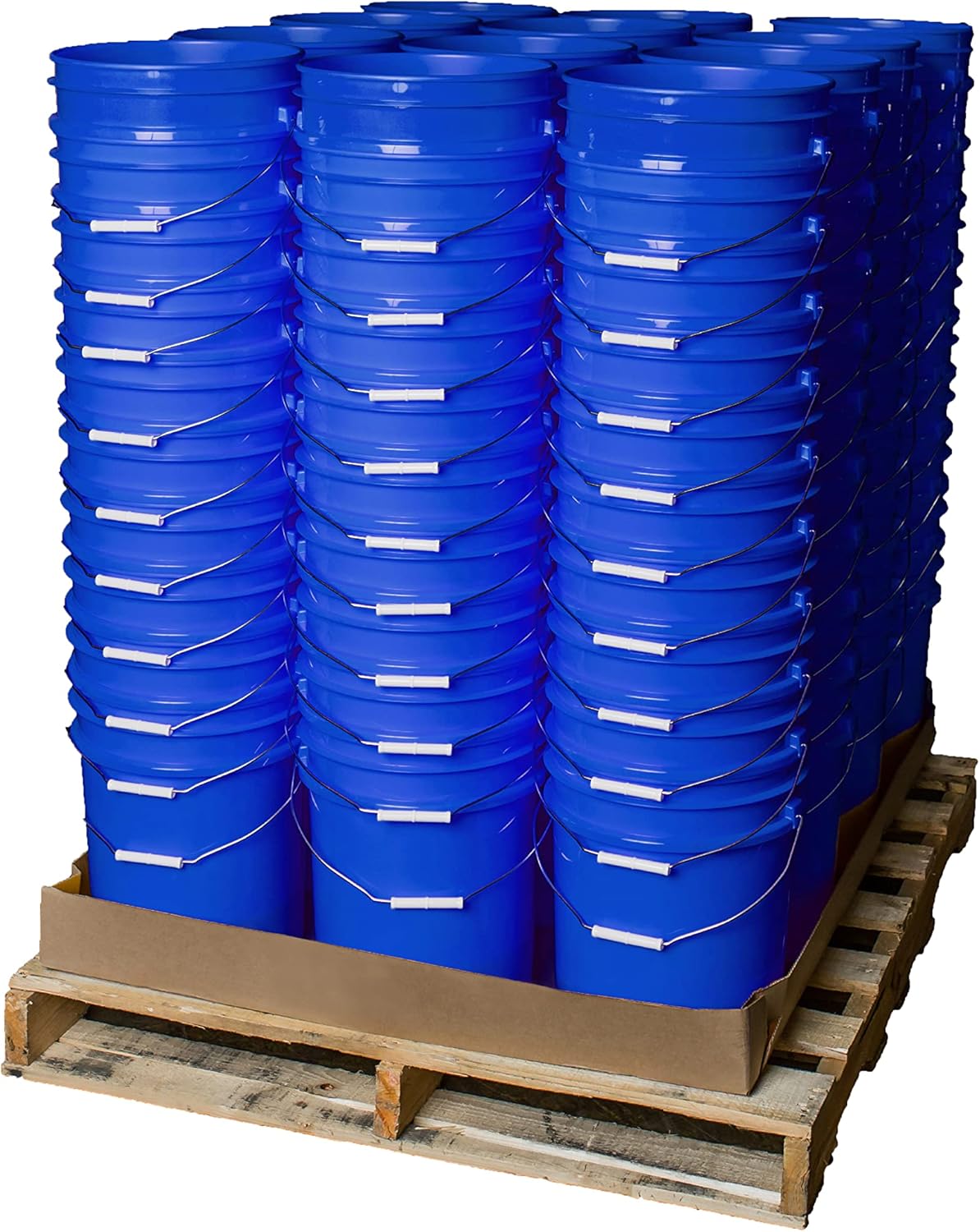 A pallet of 120 bright blue 5 Gallon 90 Mil BPA-Free Food-Grade Buckets (T40MW), each with a handle, is neatly stacked and secured with a cardboard base frame.