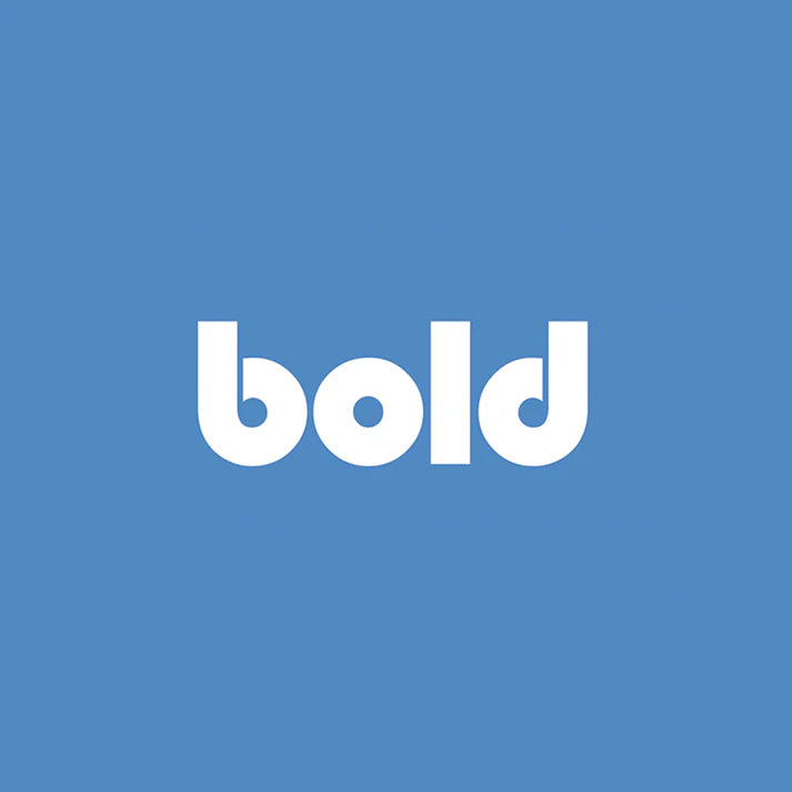 The phrase "bold" in white lowercase, using a thick rounded font, appears centered on a solid light blue background on the Bold test product with variants.