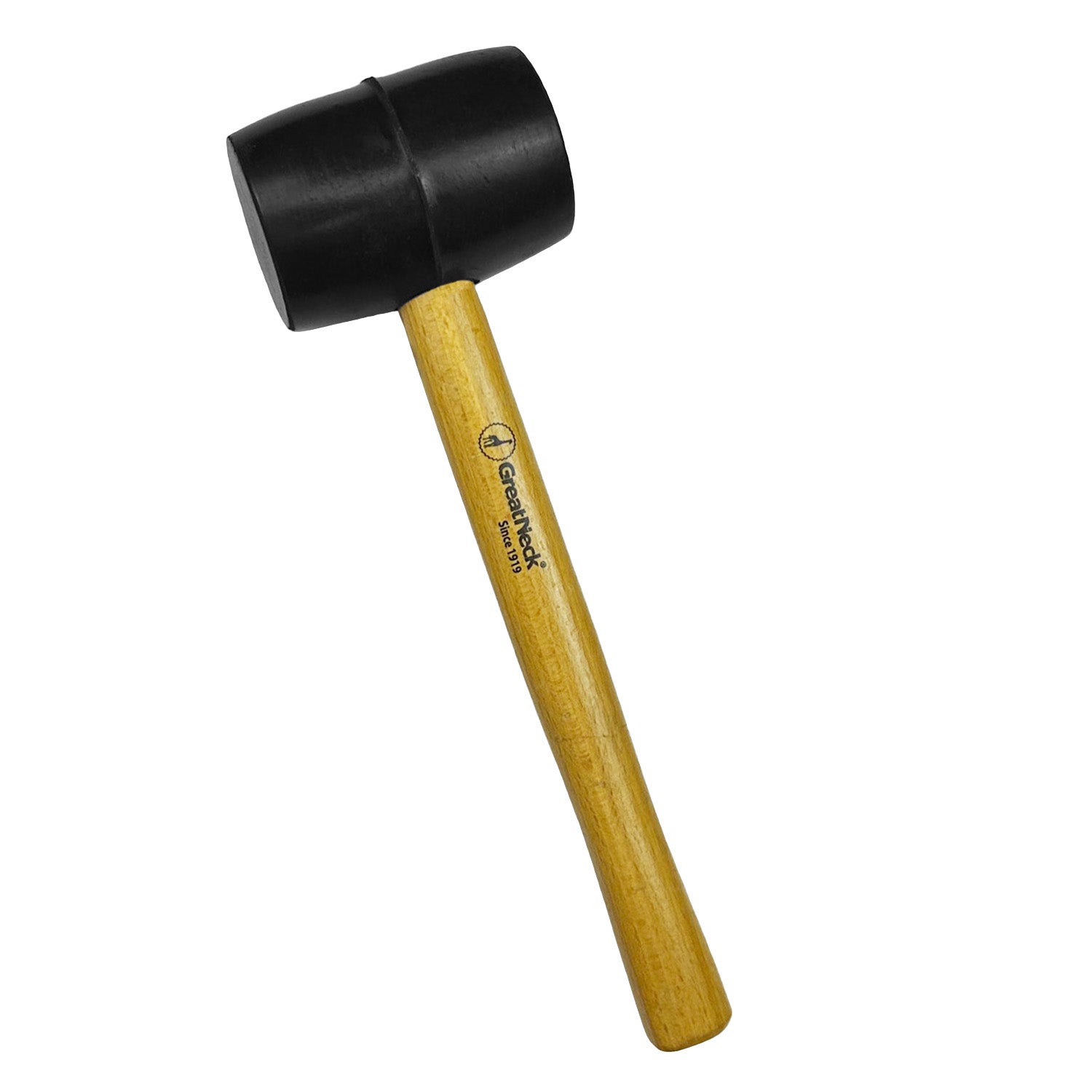 The Heavy-Duty Rubber Mallet - 1 Count features a black rubber head and a light wooden handle with a printed logo and text near the head, displayed on a white background.