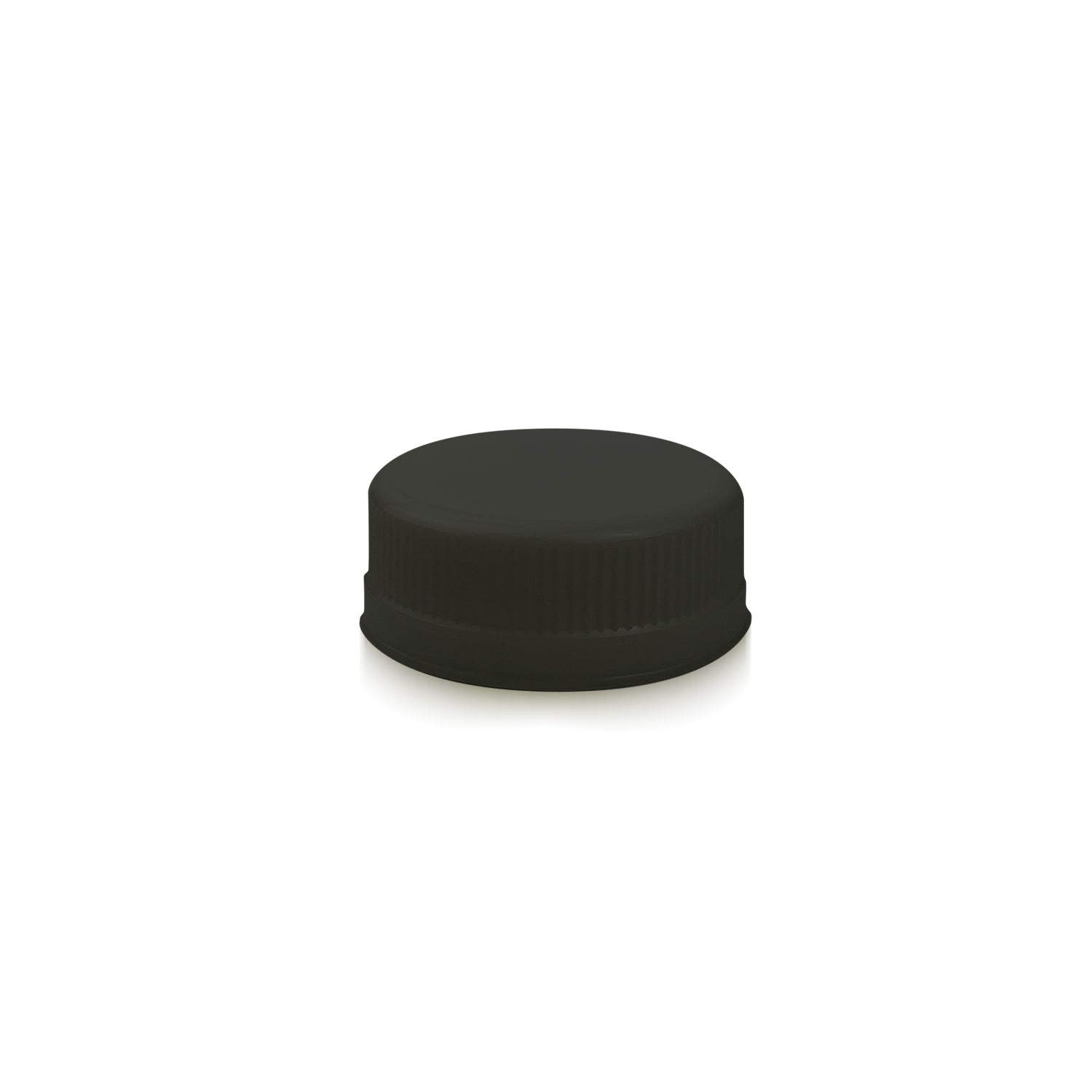 A case of 100 black 38mm HDPE tamper evident screw caps with ridged edges, shown on a plain white background.