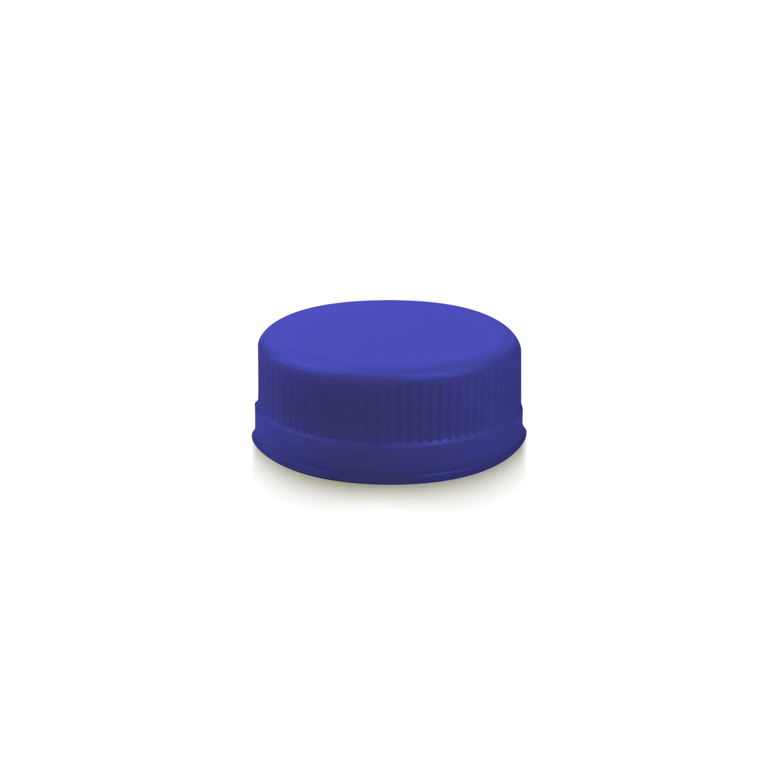 A 38mm HDPE Tamper Evident Screw Cap from a case of 100, blue with ridged sides, is shown resting on a white surface with a faint shadow underneath.