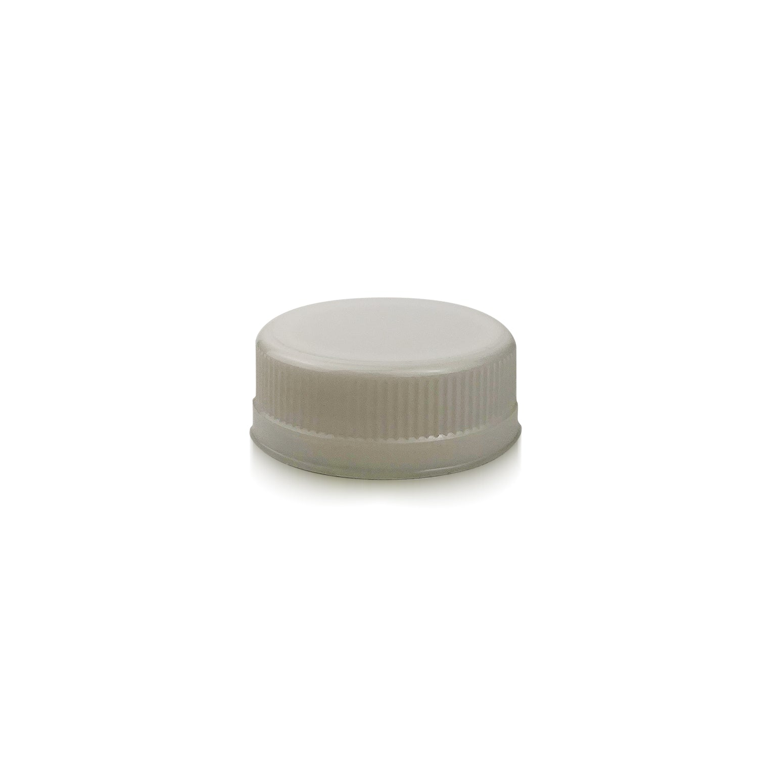 A case of 100 white 38mm HDPE tamper evident screw caps with ridged edges is shown against a plain white background.