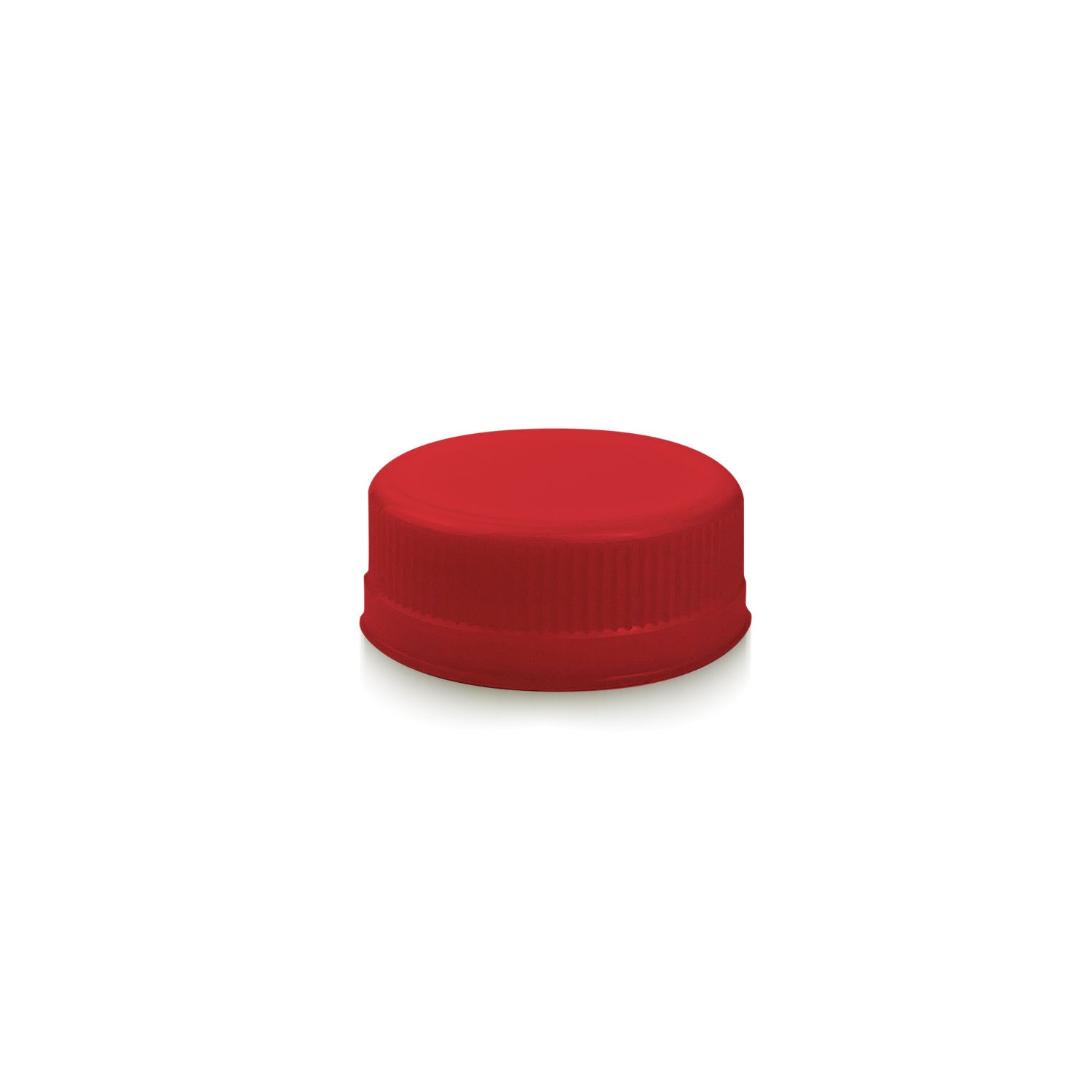 A 38mm HDPE tamper evident screw cap from a case of 100 is centered on a white background. The red plastic cap features a ribbed edge.