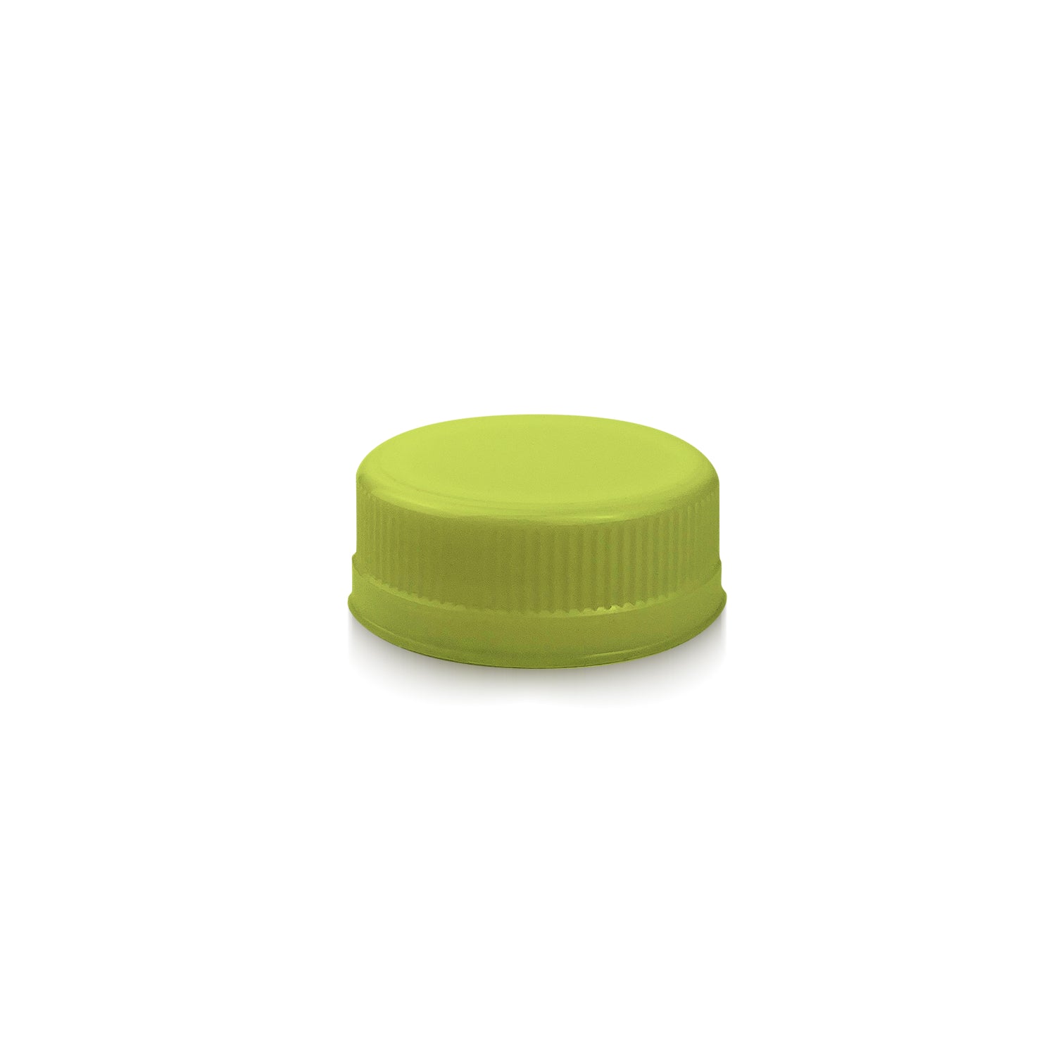 A 38mm HDPE tamper evident screw cap is shown in lime green, round with vertical side ridges, set against a plain white background. Sold in cases of 100.