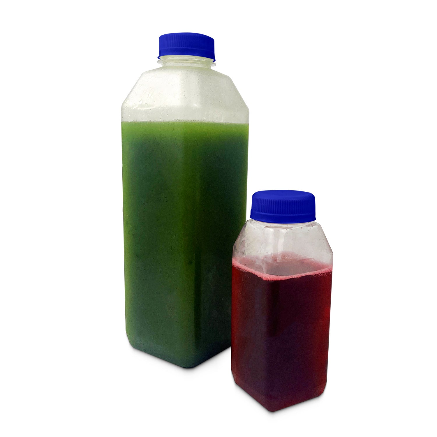 Two plastic bottles with 38mm HDPE Tamper Evident Screw Caps (blue), one large with green liquid and one small with red liquid, both displayed on a white background. Available in a case of 100.