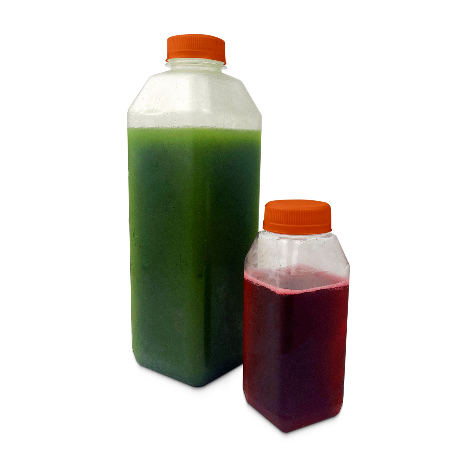 Two clear plastic bottles with 38mm HDPE tamper-evident screw caps (orange), one large with green liquid and one smaller with red liquid, stand side by side on a white background. Available in a case of 100 caps.