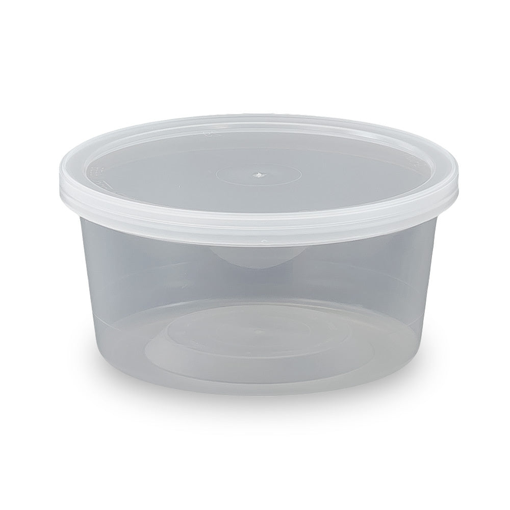 The 12 oz BPA-Free Food-Grade Container (T41012CP), shown empty with its clear lid securely closed against a white background. Sold in a case of 500.