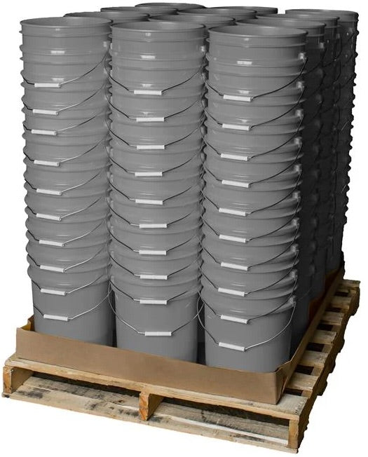 A pallet of 120 neatly stacked 5 Gallon 90 Mil BPA-Free Food-Grade Buckets (T40MW), each gray with a handle, organized in rows for storage or transport.