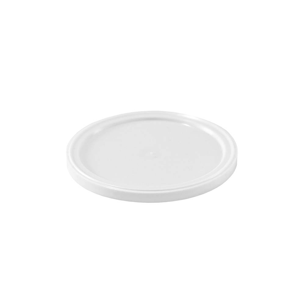 A BPA-Free Food-Grade Round Lid (L309) is displayed against a white background. The flat, white plastic lid features a slightly raised edge. Sold in cases of 1000.
