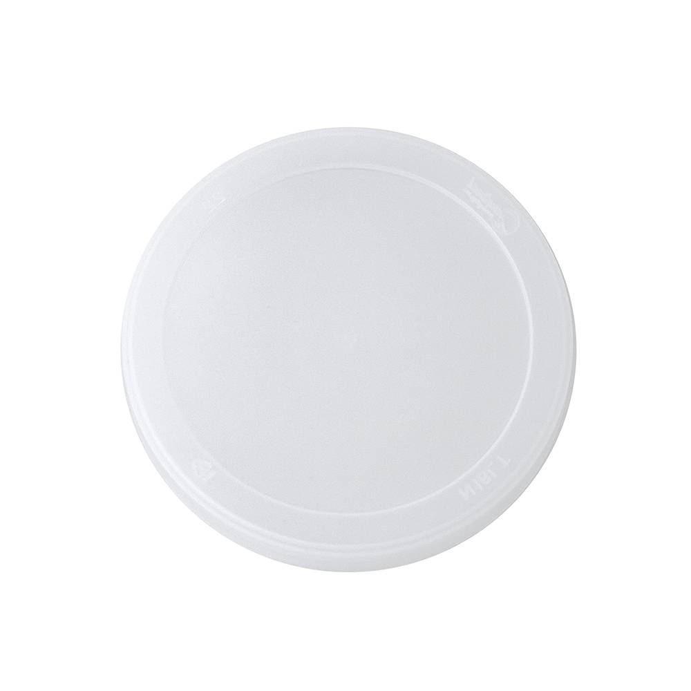 A Food-Grade Freezer-Safe Lid (Long Skirt, L314) in white, round plastic design is shown from above on a plain white background. Sold in a case of 600; fits only T31416FCP containers.