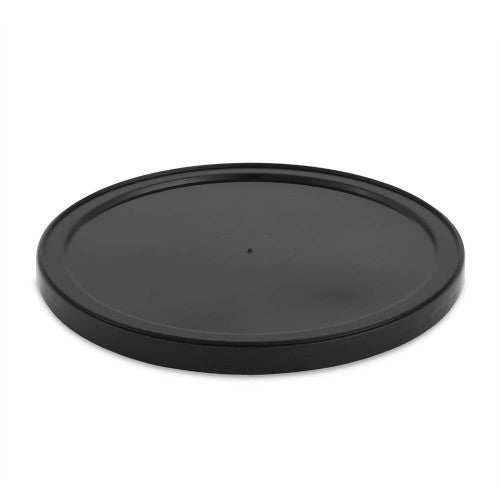 A round, flat, black BPA-free food-grade freezer-safe lid (L410 + L410RTR) with a raised edge and central indentation, shown at an angle against a white background. Available by the case (500-1000).