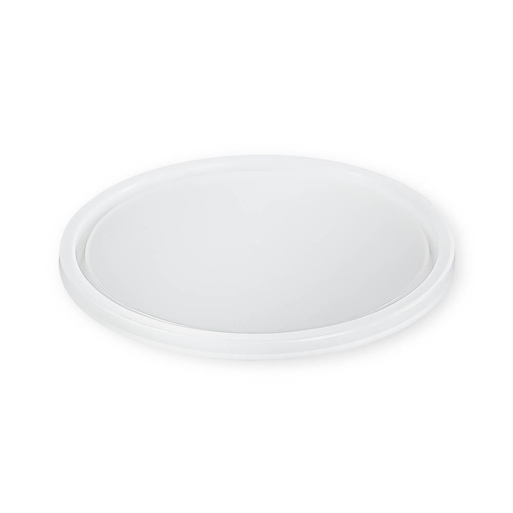 A BPA-Free Food-Grade Round Lid (L607) is displayed on a plain white background. The white plastic lid is flat with a slightly raised rim around the edge. Sold in cases of 200.