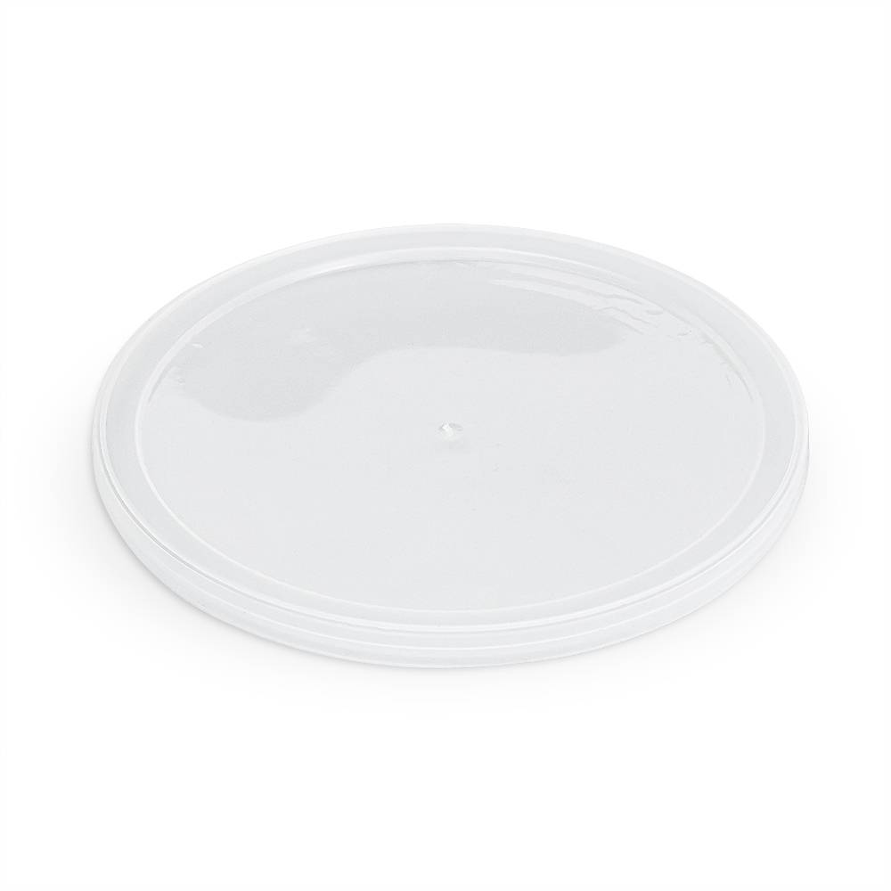 The L801 BPA Free Food Grade Round Lid, sold in cases of 100-150, is shown lying flat on a white surface. It features a clear plastic design with a slightly raised rim and a small central circular indentation.