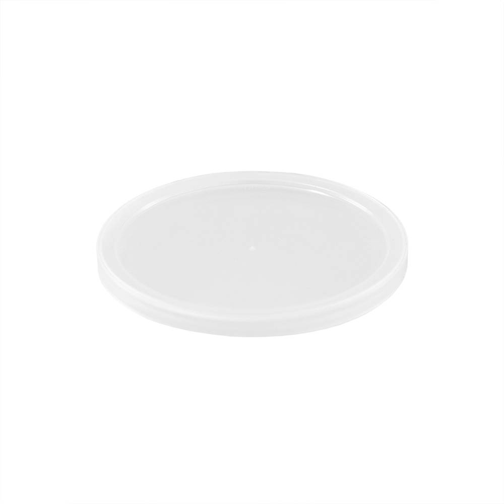 A BPA-Free Food-Grade Freezer-Safe Lid (L410 + L410RTR), round and clear, is shown against a plain white background. Case contains 500–1000 lids.