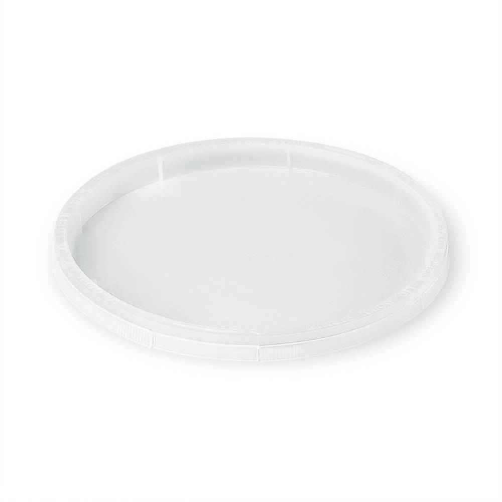 A round, white BPA-Free Food-Grade Freezer-Safe Lid (L410 + L410RTR) is shown from an angle against a white background. Available in a case of 500-1000.