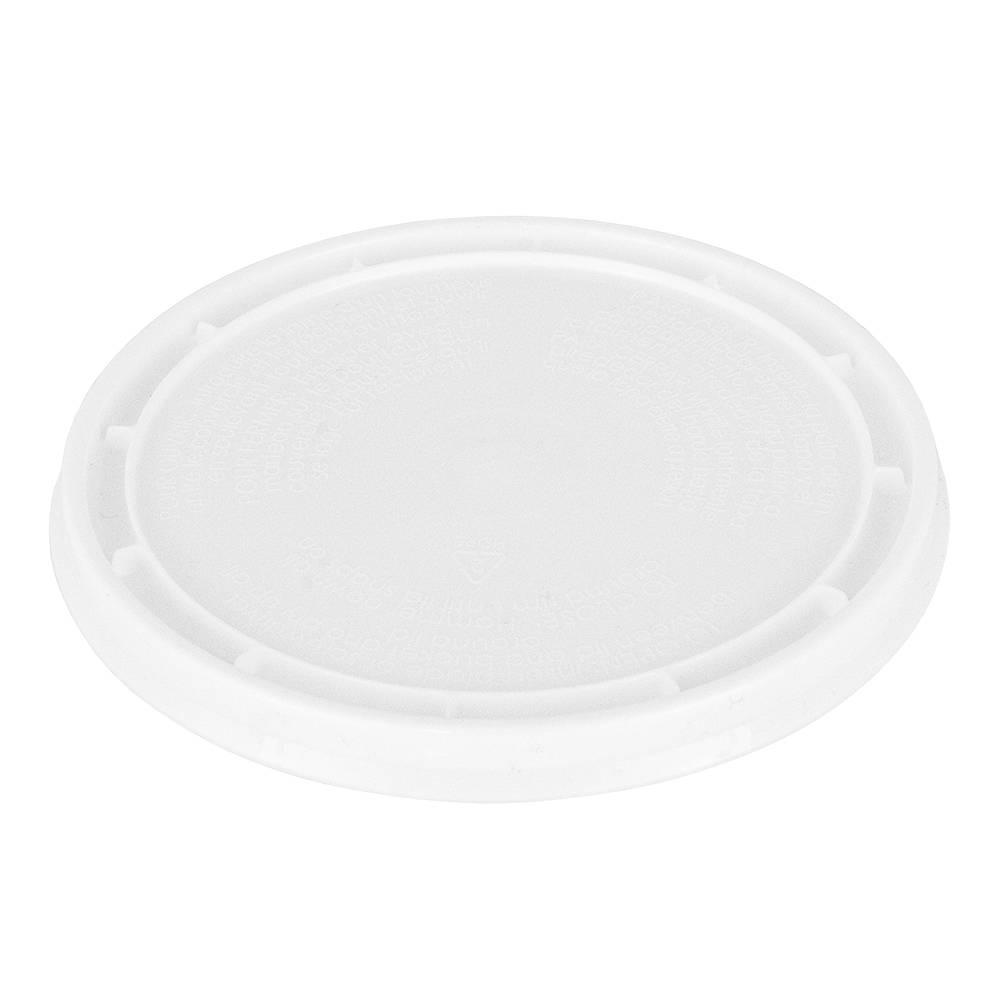 A white, round BPA-Free Food-Grade Pry-Off Lid (L412PR) with a raised edge and subtle embossed text, shown at an angle against a white background. Sold in cases of 900.