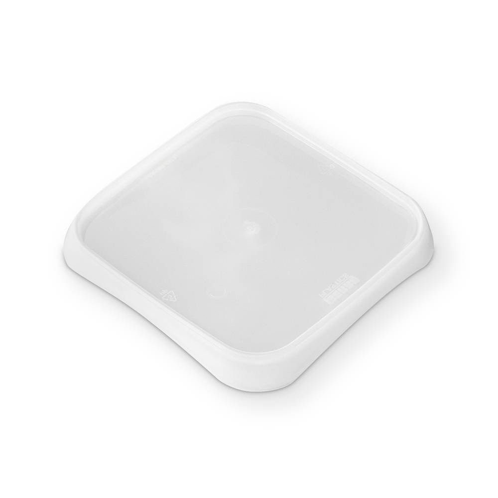 Angled top view of a BPA-Free Food-Grade SelecTE Tamper-Evident Square Lid (L5X5IMLCP), white plastic with rounded corners, shown on a plain white background. Sold as a case of 828 lids.