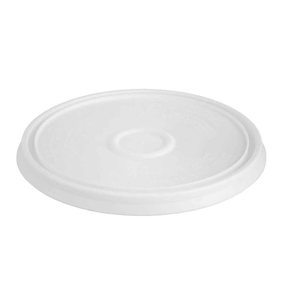 A BPA-Free Food-Grade Round Pry-Off Lid (L704PR), white plastic with a slightly raised rim and smooth flat surface, shown against a plain white background. Sold as a case of 270.