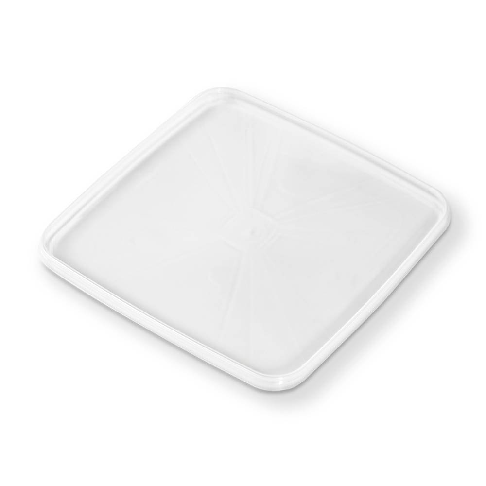 A BPA-Free Food-Grade Square UniPak Lid (L8X8UPCP) with rounded corners, shown on a white background. Sold as a case of 450.