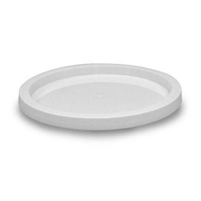 A BPA-Free Food-Grade Recessed Lid (LV410R) is displayed lying flat on a white background, featuring a round shape, slightly raised rim, and smooth surface. Sold in cases of 1000.