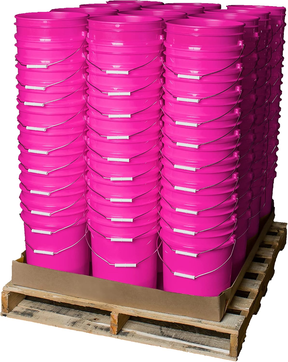 A pallet of 120 bright pink 5 Gallon 90 Mil BPA-Free Food-Grade Buckets (T40MW), each with a handle, neatly stacked and ready for transport or storage.