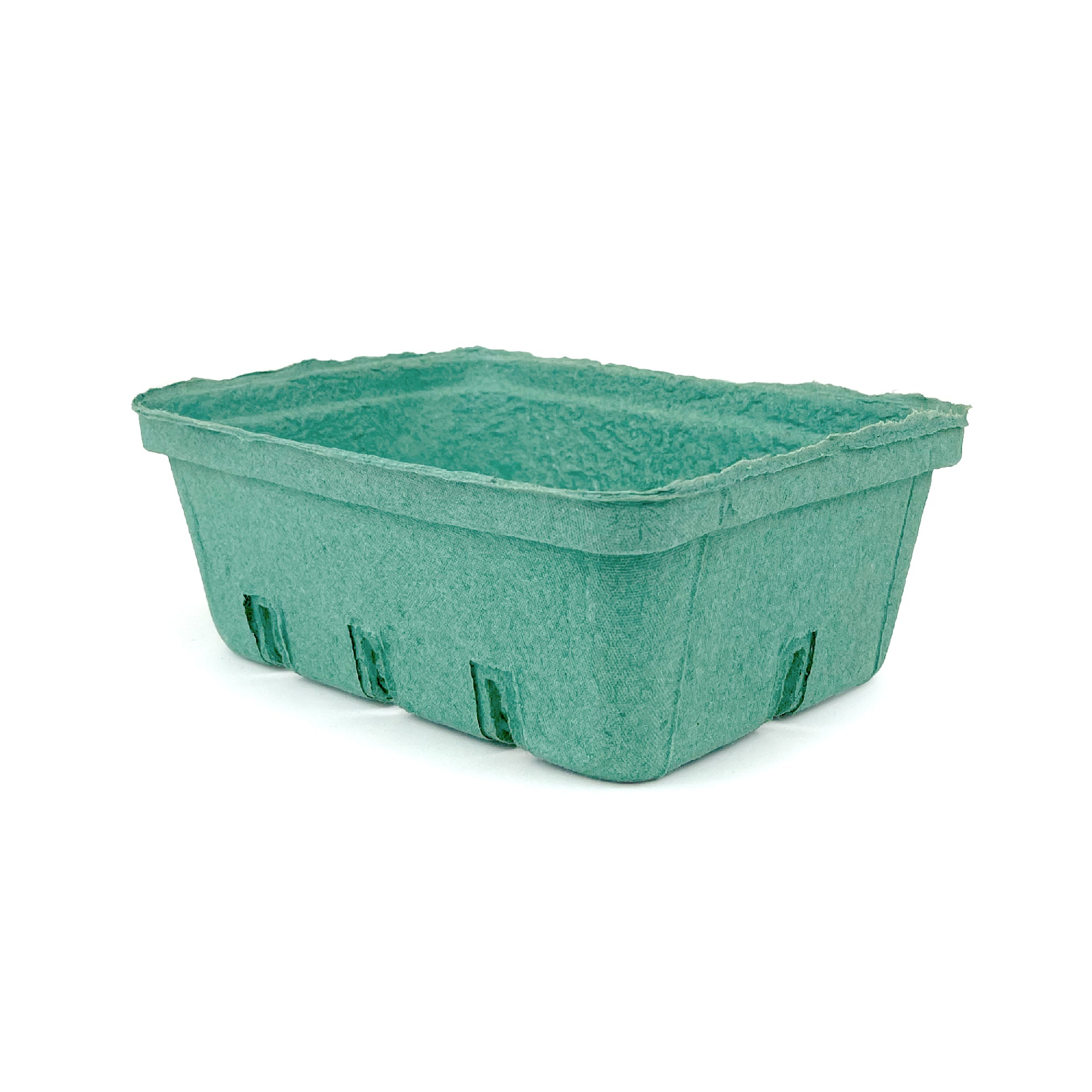 The 1.5 Quart (48 oz.) Green Molded Pulp Berry/Produce Basket, sold in a case of 200, features a small rectangular shape with ridged sides and is ideal for holding berries or produce.