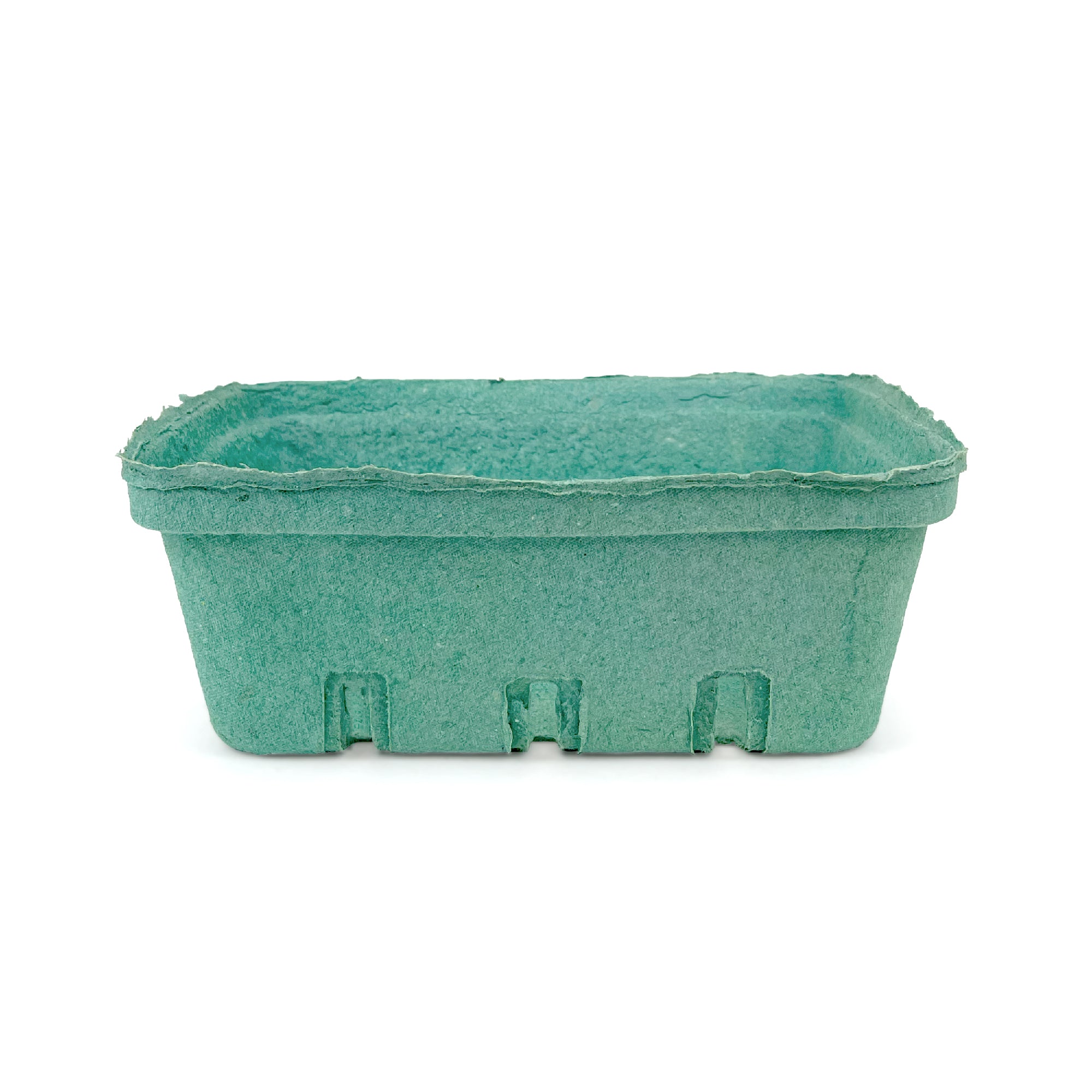 The 1.5 Quart (48 oz.) Green Molded Pulp Berry/Produce Basket, sold in a case of 200, is rectangular and textured, ideal for holding fruits or vegetables.