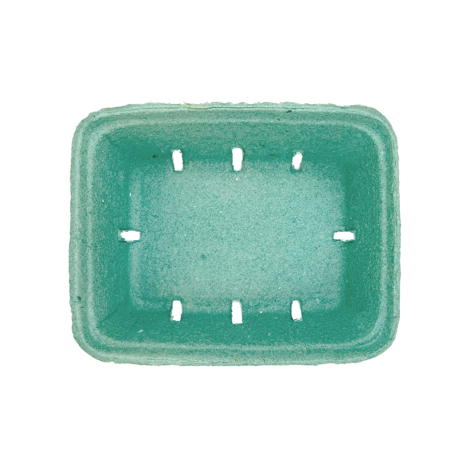 A 1.5 Quart (48 oz.) green molded pulp berry/produce basket with small rectangular ventilation holes in the bottom, shown empty from above on a white background. Case of 200.