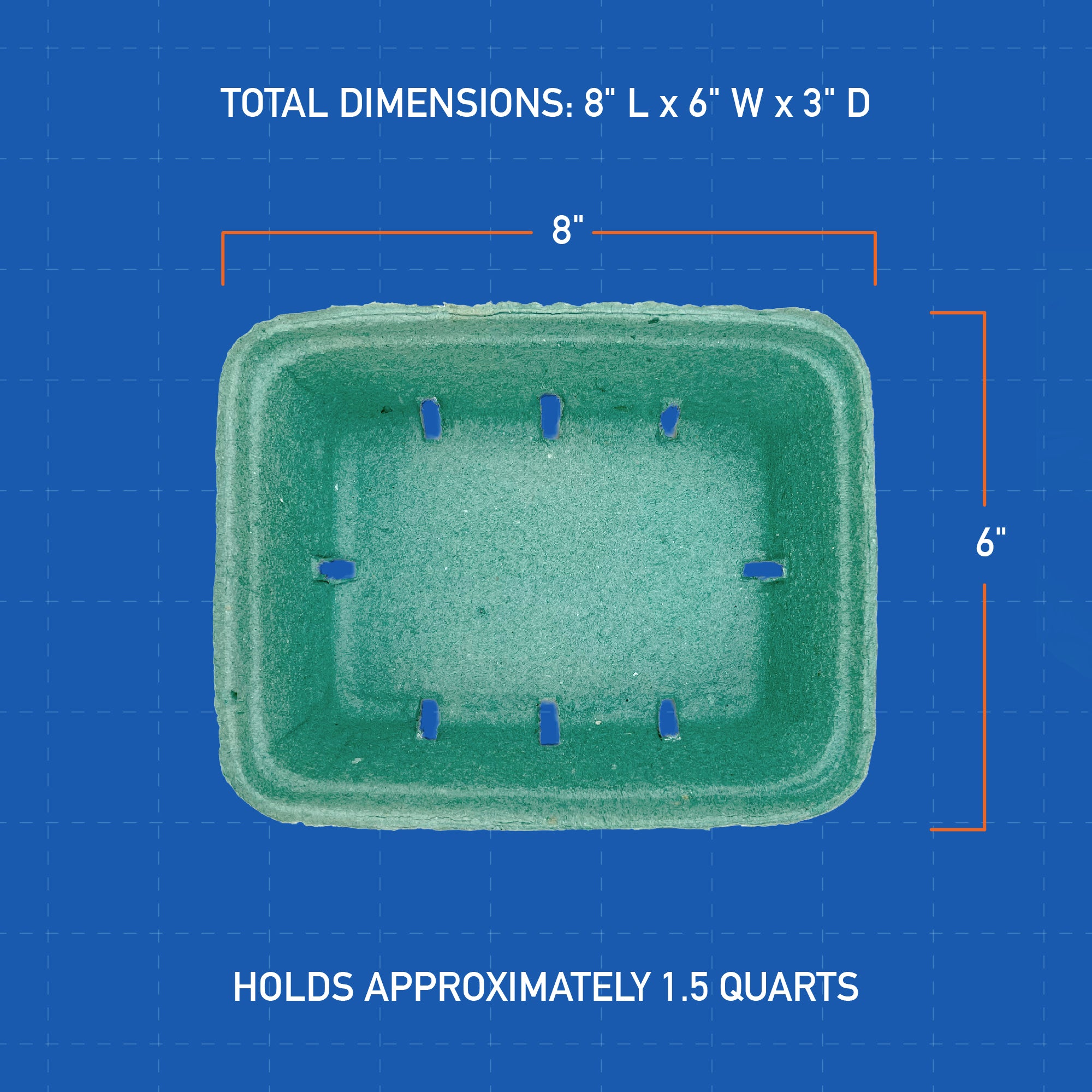The 1.5 Quart (48 oz.) Green Molded Pulp Berry/Produce Basket measures 8"L x 6"W x 3"D and is shown on a blue, grid-lined background. Available in a case of 200.