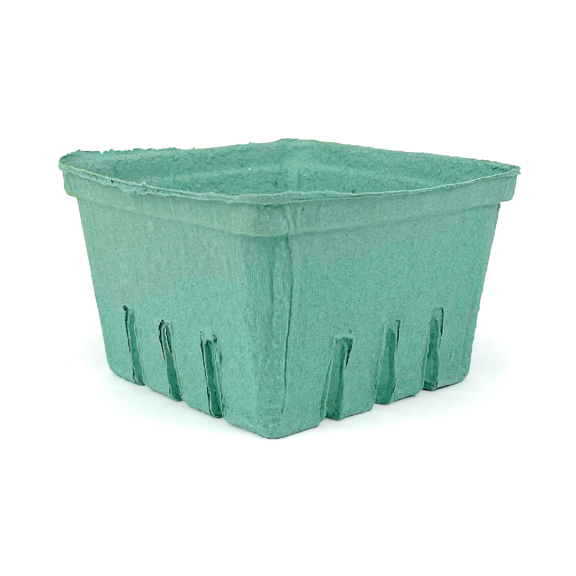 A 1 Quart (32 oz.) green molded pulp berry/produce basket with slotted sides, square and empty, is shown on a white background. Case of 250.