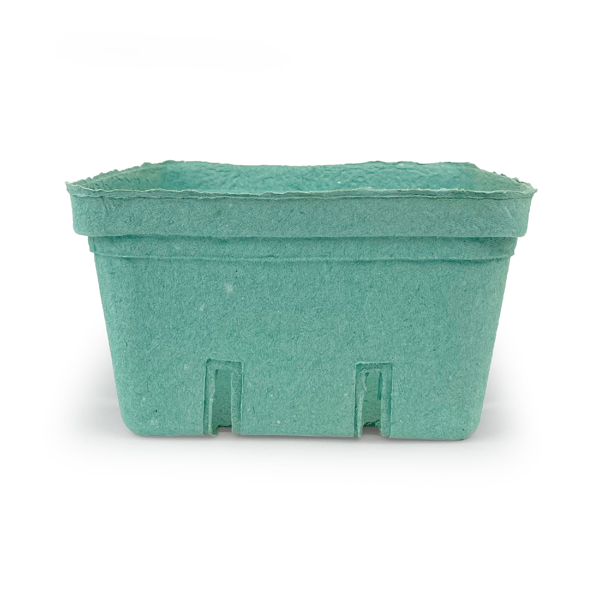 A 2.5 Quart (80 oz.) green molded pulp berry/produce basket with slightly rough edges, rectangular and empty, shown against a white background. Sold in a case of 200.