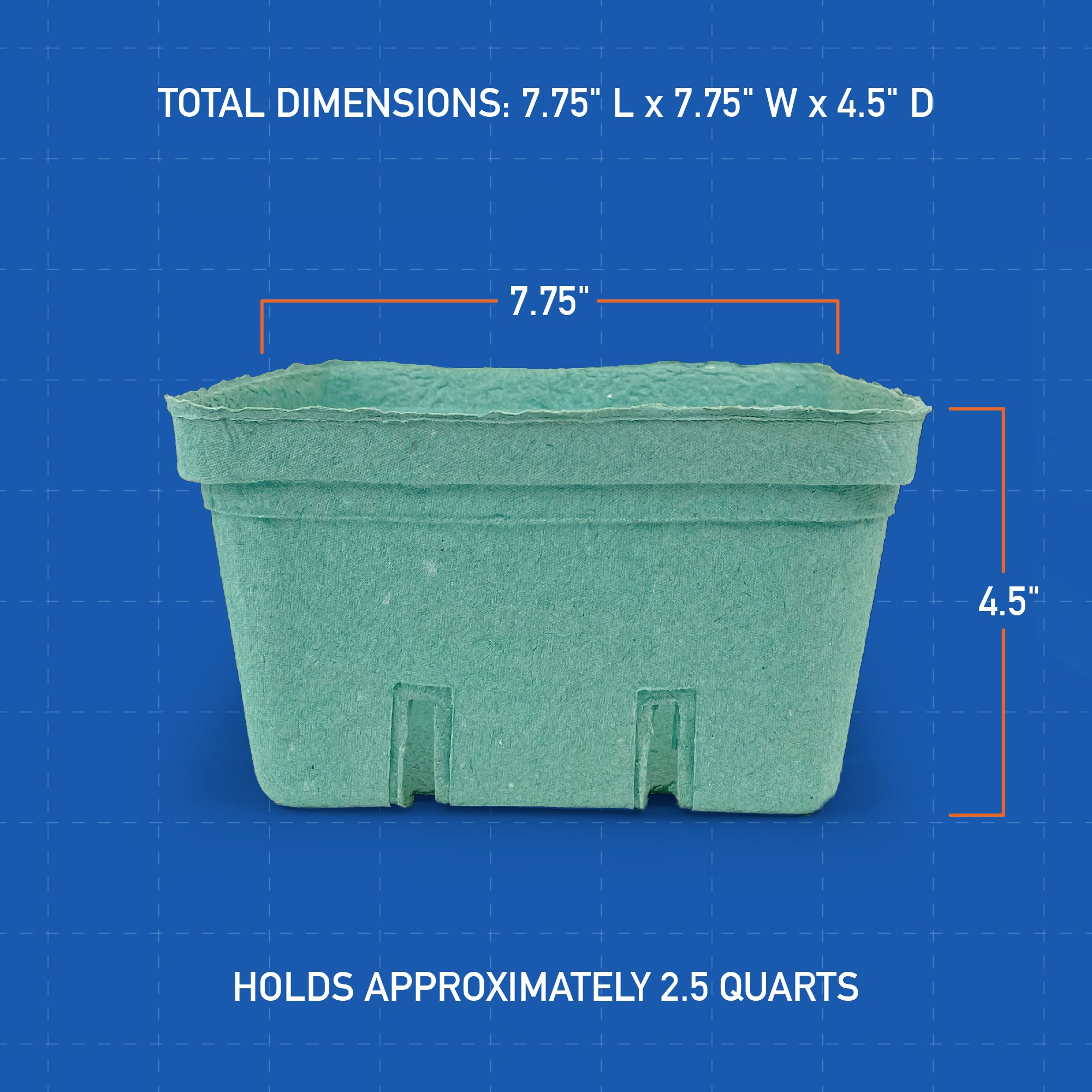 A 2.5 quart (80 oz.) green molded pulp berry/produce basket, rectangular, 7.75" x 7.75" x 4.5", shown on a blue grid background; available in a case of 200.