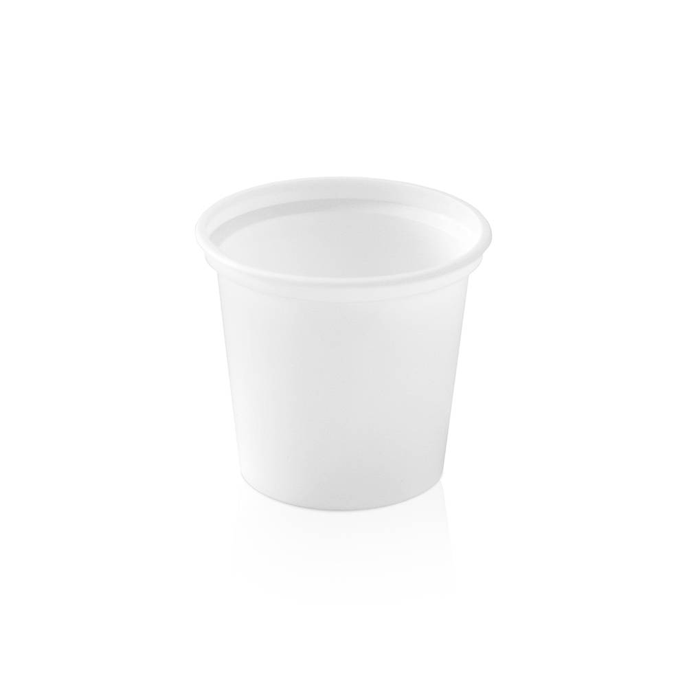 A small, plain white 6 oz. BPA-free food-grade container (T30206CP), featuring a slightly flared rim, is shown on a white background. Sold in a case of 1560.
