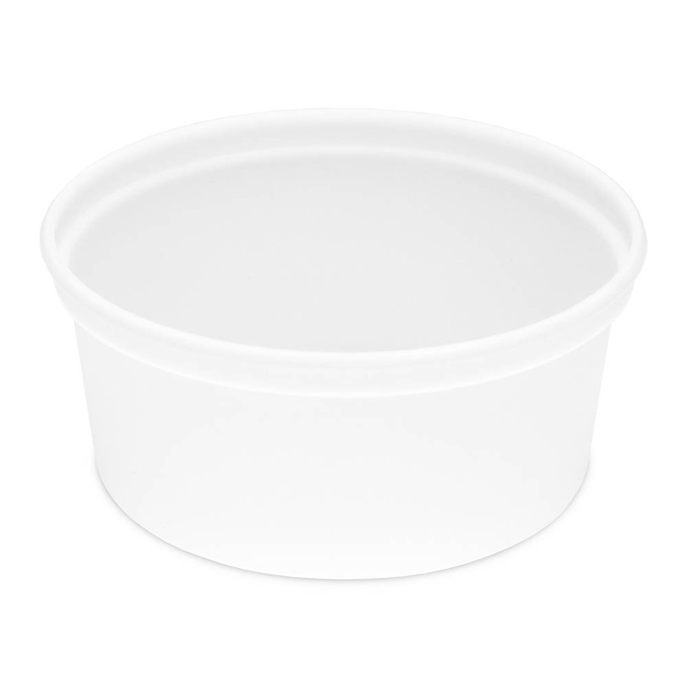 An 11 oz. BPA-Free Food-Grade Round Container (T41011CP) with a smooth surface is shown empty on a white background; sold by the case of 500.