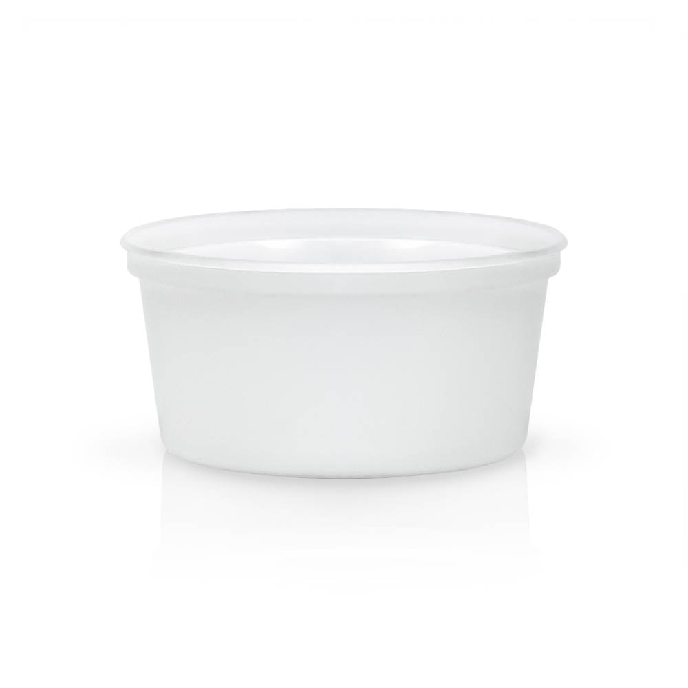A 12 oz. BPA-free food-grade plastic container (T41012CP), round and white with a smooth surface, is shown against a plain white background. Sold in a case of 500.