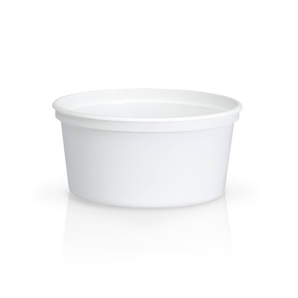 A 12 oz. BPA-Free Food-Grade Container (T41012CP), round and white with a slightly flared rim, made of plastic; shown on a white background. Sold in cases of 500.