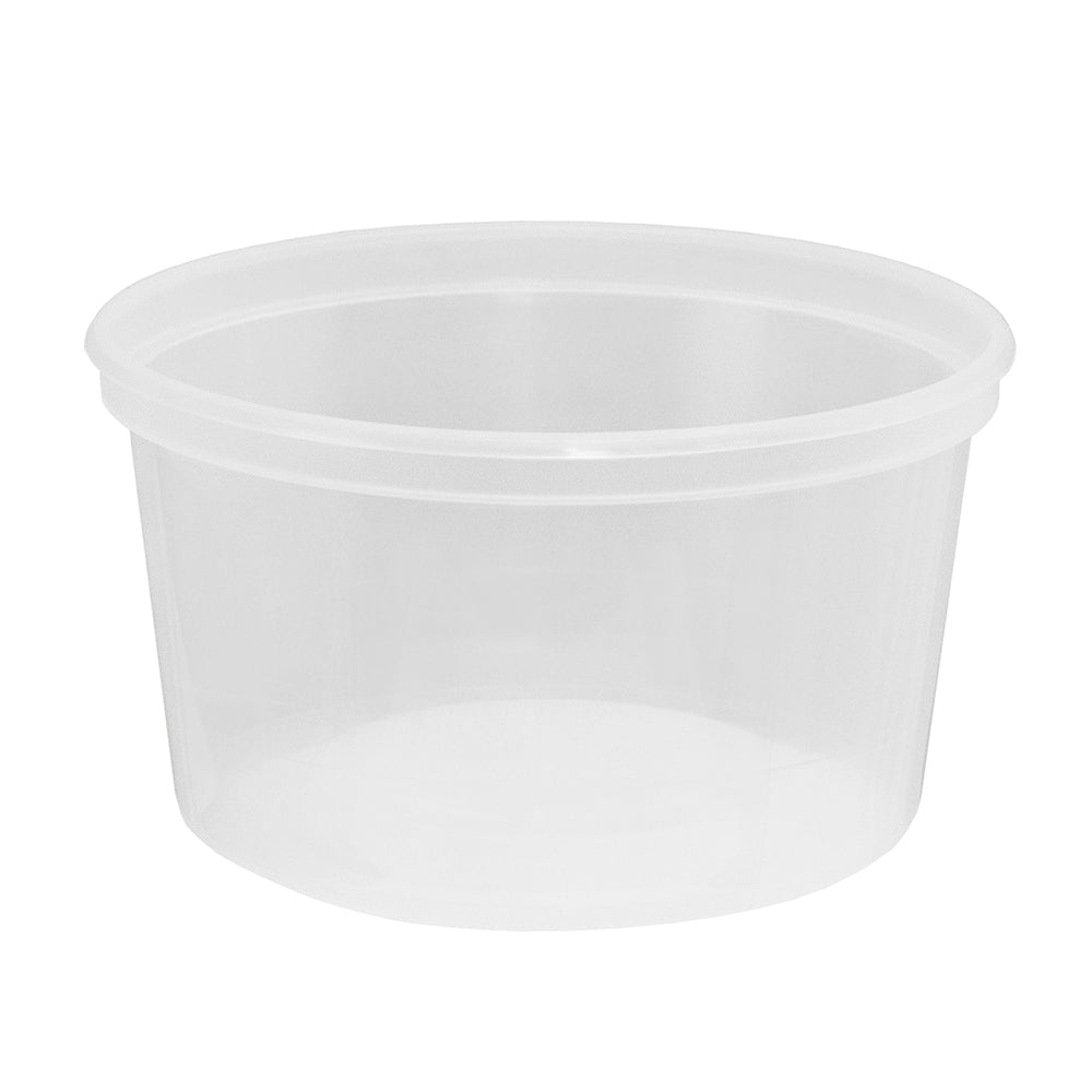 A 14 oz. BPA-free food-grade round plastic container (T41014CP) with a wide opening, no lid, shown on a plain white background; case of 500.