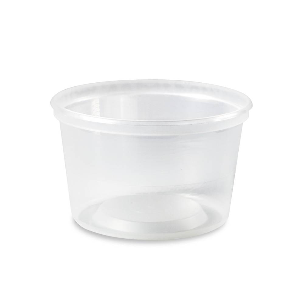 The 16 oz. BPA-Free Food-Grade Container (T41016CP), sold in cases of 500, is a clear, empty plastic cup with a flared rim, ideal for storing sauces, dressings, or condiments.