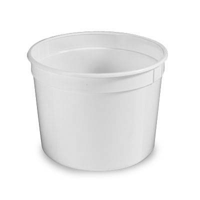 A 50 oz. BPA-Free Food-Grade Container (T51350CP), round and white plastic with no lid, is shown from a slight angle against a white background. Sold in cases of 300.