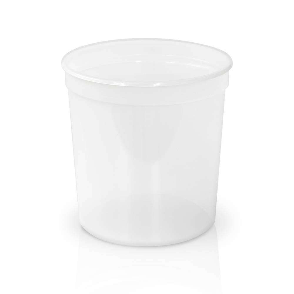 A 68 oz. BPA-Free food-grade container (T51368CP), sold in cases of 300, is shown empty and transparent with a wide opening and no lid, set against a plain white background.