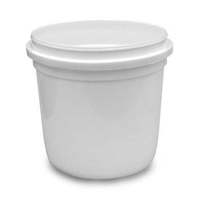 A 1/2 Gallon (64 oz.) BPA-Free food-grade pry-off container (T51464PR), white plastic with a wide opening and no lid, sold in a case of 150, shown against a white background.