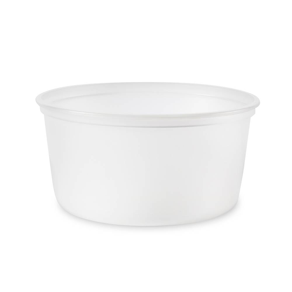 A plain, round, white 1/4 gallon (32 oz.) BPA-free, food-grade freezer-safe plastic container (T60232CA), sold lidless in a case of 360, shown against a white background.