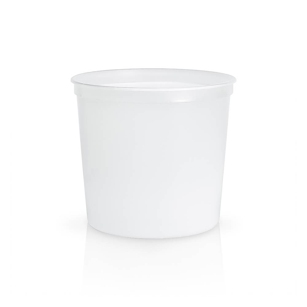 A 64 oz. BPA-free food-grade container (T60264CA), plain and white with a wide opening, shown empty against a white background. Case of 200.