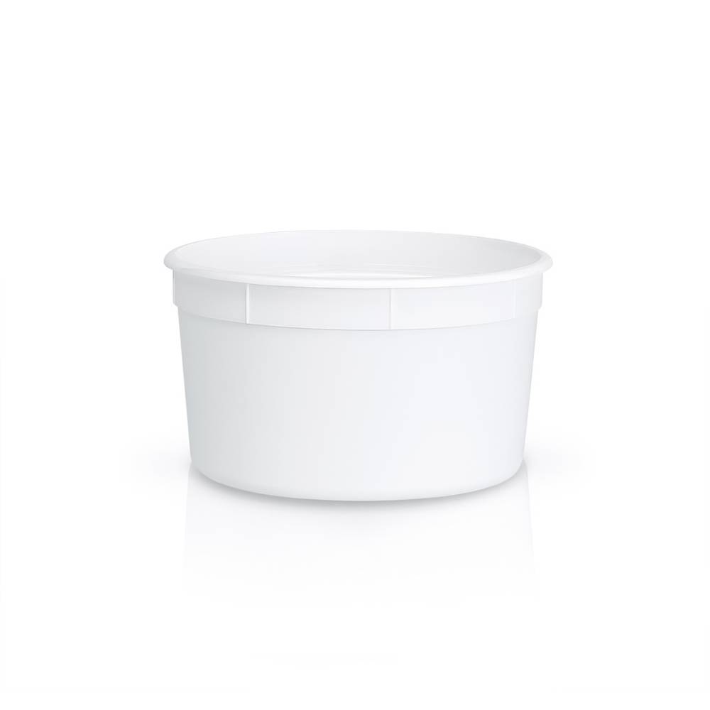A 48 oz. BPA-free, food-grade plastic container (T60748CP), round and white with a wide opening and no lid, shown against a white background. Case of 200.