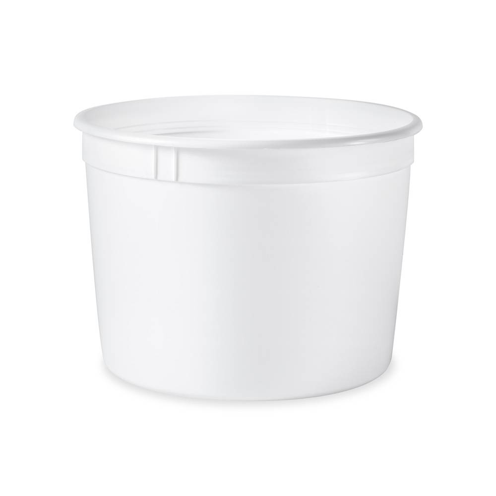 The 1/2 Gallon (64 oz.) BPA-Free Food-Grade Container (T60764) is a plain, round white plastic container with lid, ideal for storing food or household items. Sold in a case of 200. Shown empty against a white background.