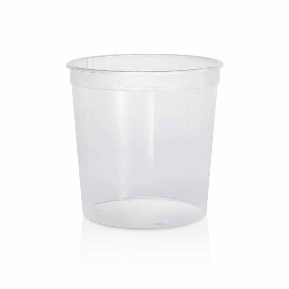 A 2/3 Gallon (85 oz.) BPA-Free Food-Grade Container (T60785CP), featuring a wide opening and straight sides, is shown empty against a plain white background. Case of 200.