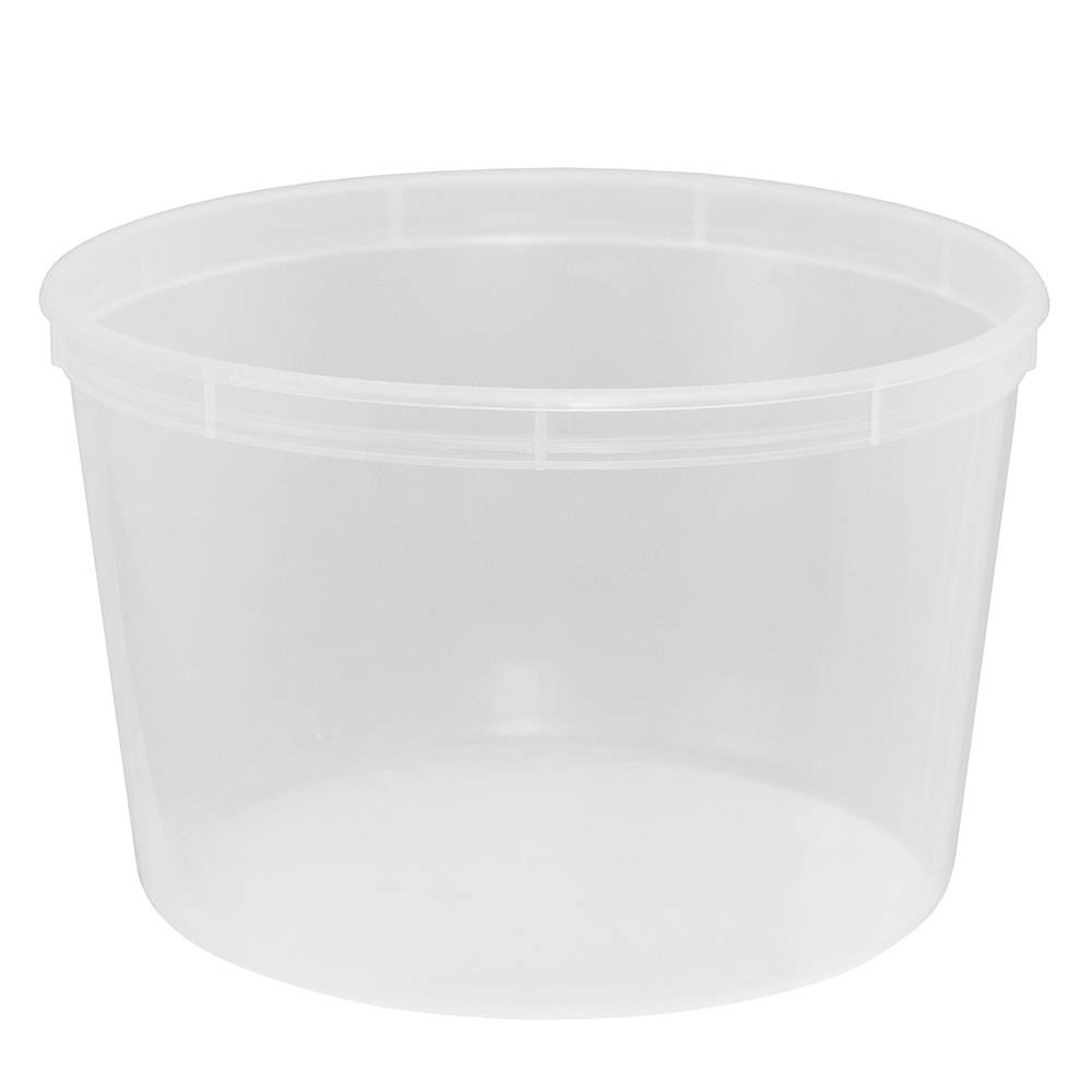 A clear, round, BPA-free 1/2 gallon (64 oz.) food-grade plastic container (T61064CP), sold lidless in a case of 240, shown on a white background.