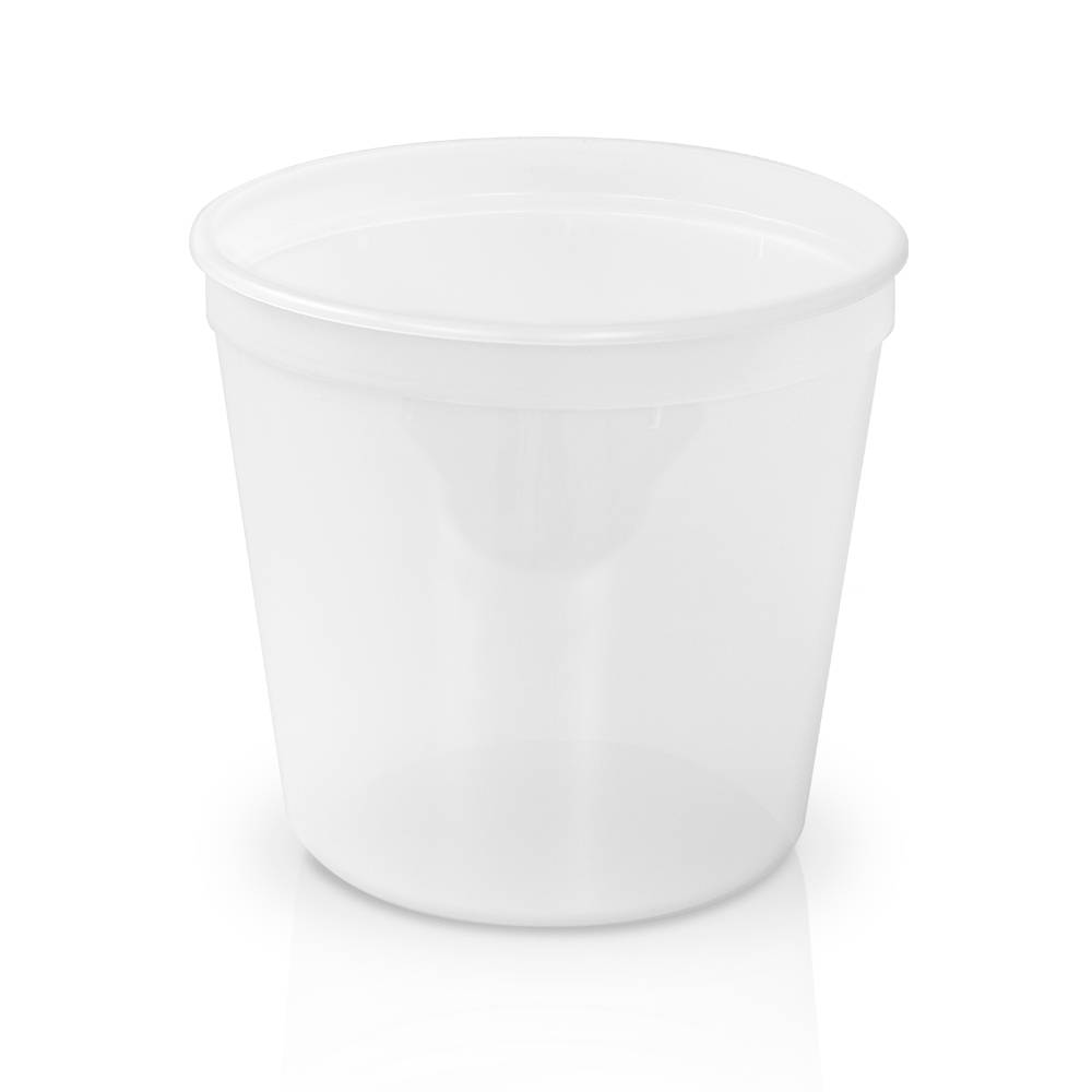 The 80 oz. BPA-Free Food-Grade Container (T61080), sold in cases of 152, is a translucent, wide-mouth plastic container with no lid, shown empty on a white background.