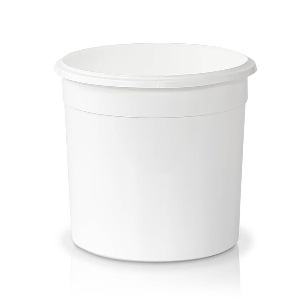 The 86 oz. Food-Grade Flex-Off Round Plastic Container (T61086FXCP), sold in a case of 130, is a plain white plastic bucket with a wide opening and slightly raised rim, displayed against a white background.